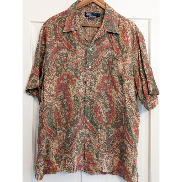 Ralph Lauren Other - Rare 90s L Ralph Lauren Open Collar Shirt 100 Linen Short Sleeve Paisley Pattern